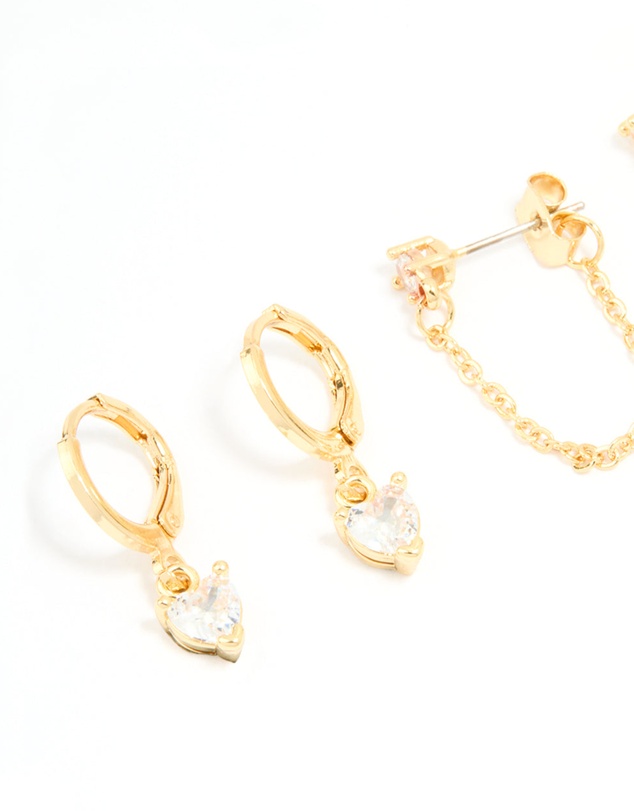 Lovisa - Gold Plated Brass Cubic Zirconia Heart & Chunky Huggie Earrings 4-Pack