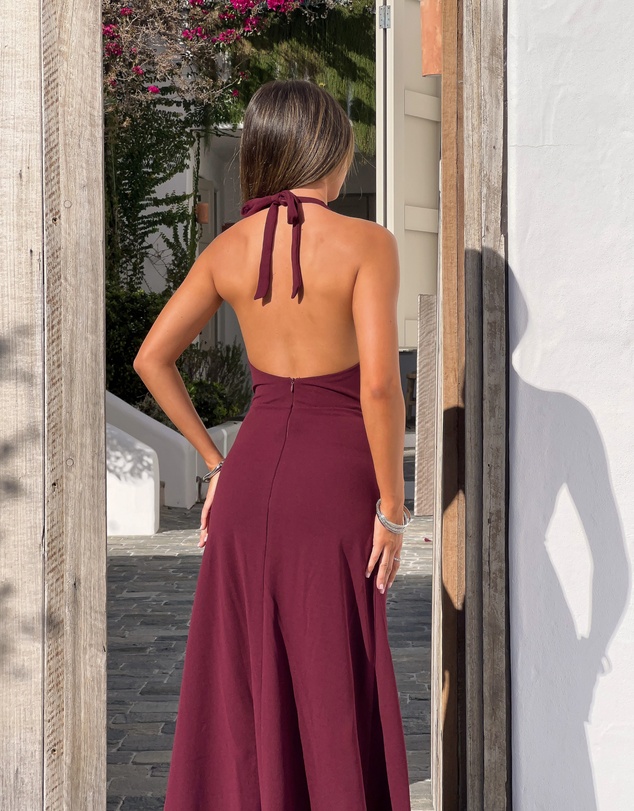Beginning Boutique - Corey Burgundy Beaded Crepe Maxi Dress