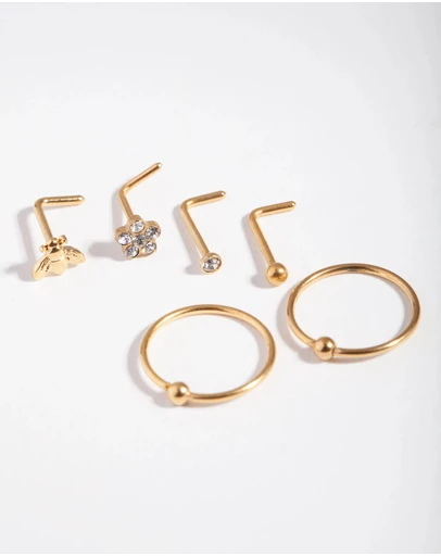 Lovisa - Gold Surgical Steel Flower & Bee Nose Stud 6-Pack