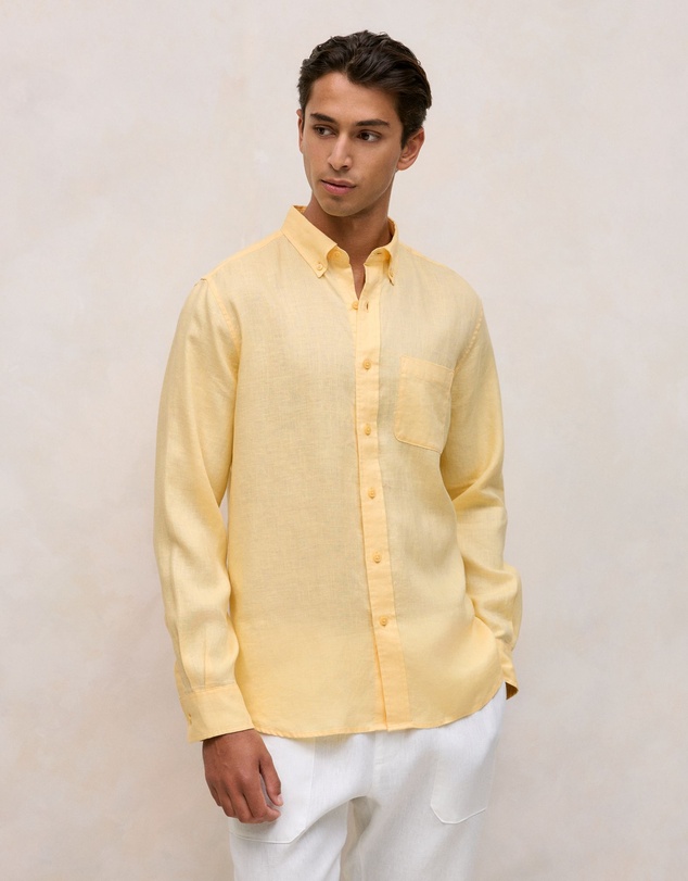 Trenery - Regular Fit Linen Classic Long Sleeve Shirt in Butter