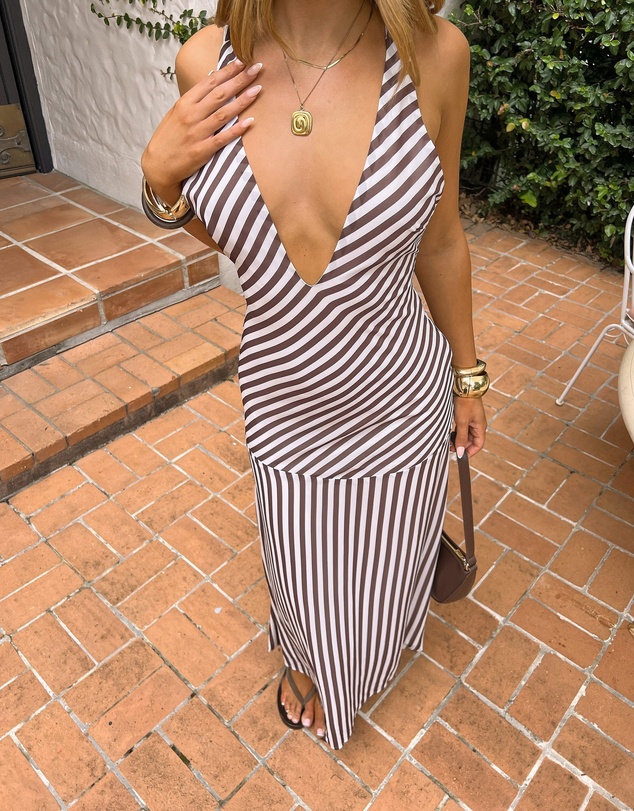 Beginning Boutique - Cornell Brown Stripe Maxi Dress