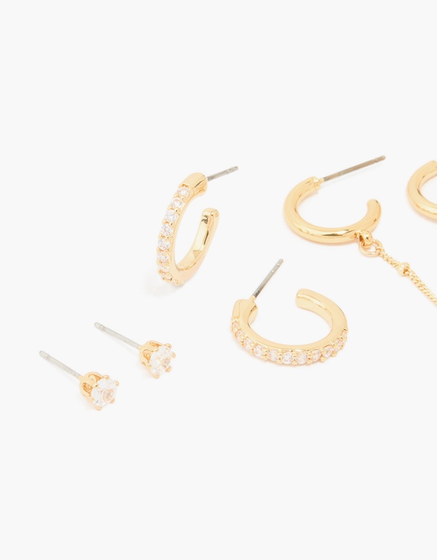 Lovisa - Gold Plated Brass Cubic Zirconia Hoop & Chain Earrings 3-Pack