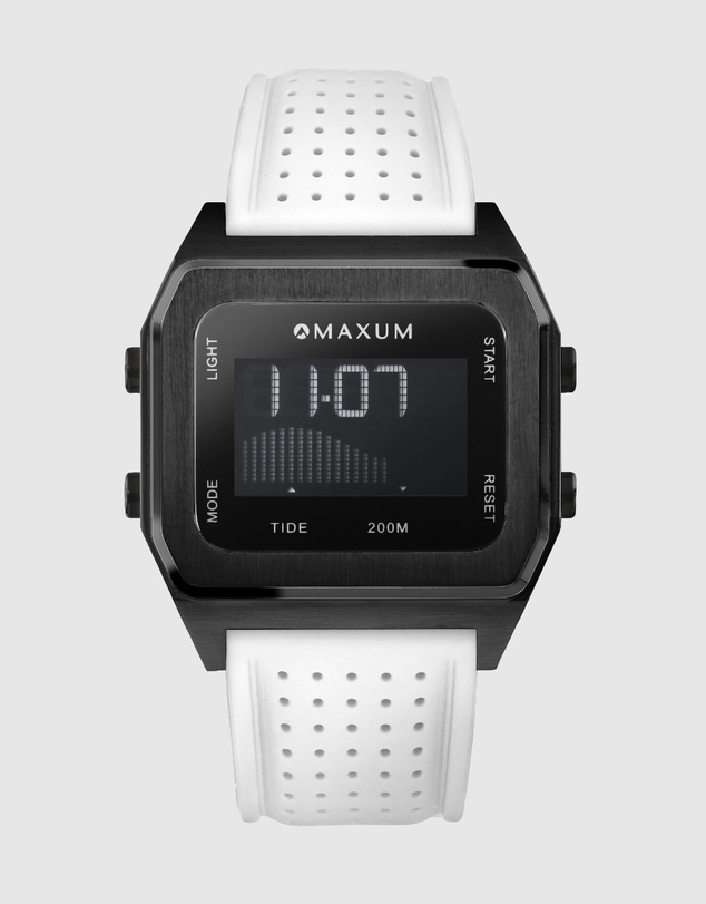 Maxum - Raglan Tide Watch – Black Case, Black Dial & White Silicone Strap