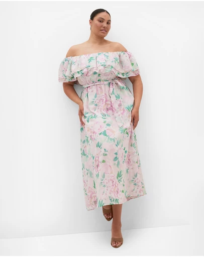 City Chic - Plus size Poetic Floral Print Off Shoulder Maxi Dress - soft pink