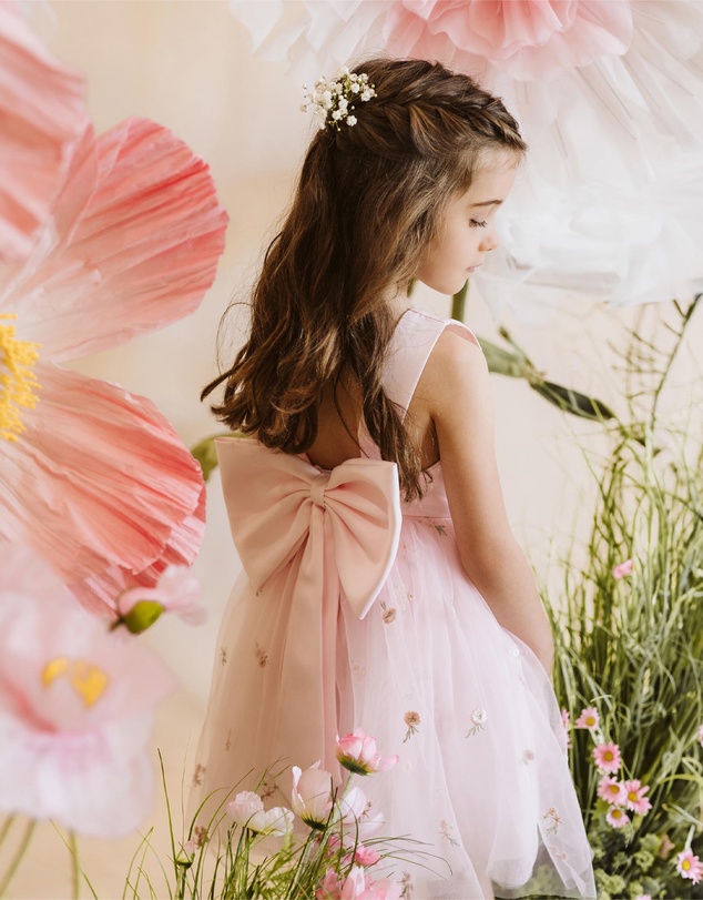 Bebe by Minihaha - Pink Floral Embroidered Back Bow Tulle Dress - Kids