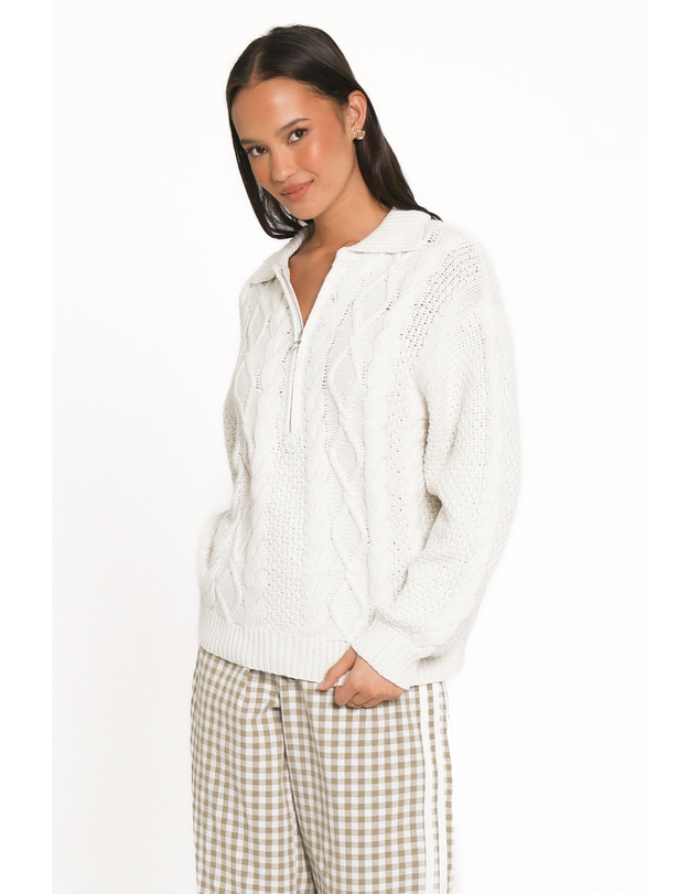 Petal & Pup - Rema Quarter Zip Cable Sweater - Ivory Marl