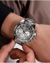 GUESS - Silver-Tone Multi-function Men's 48mm Silver Dial with Crystals on Bezel Watch