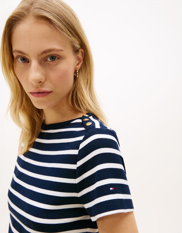 Tommy Hilfiger - Gold-Tone Button Slim Boat Neck T-Shirt