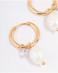 Lovisa - Waterproof Gold Plated Stainless Steel Classic Freshwater Pearl & Cubic Zirconia Huggie Earrings