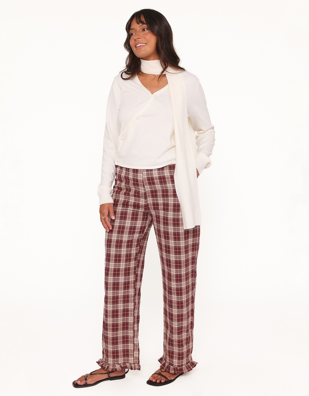 Petal & Pup - Kaelia Frill Hem Straight Pant - Burgundy Plaid