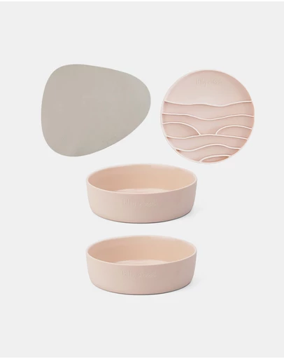 Lilly + Dash - Dog Eat and Drink Set – 2 Bowls + Lick Insert + Slate Placemat Set