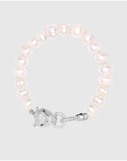 Nialaya Jewellery - Women's Pearl Bracelet with Silver Panther Head