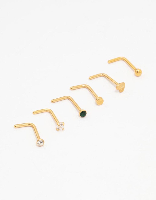 Lovisa - Gold Plated Surgical Steel Heart Diamante Nose 6-Pack