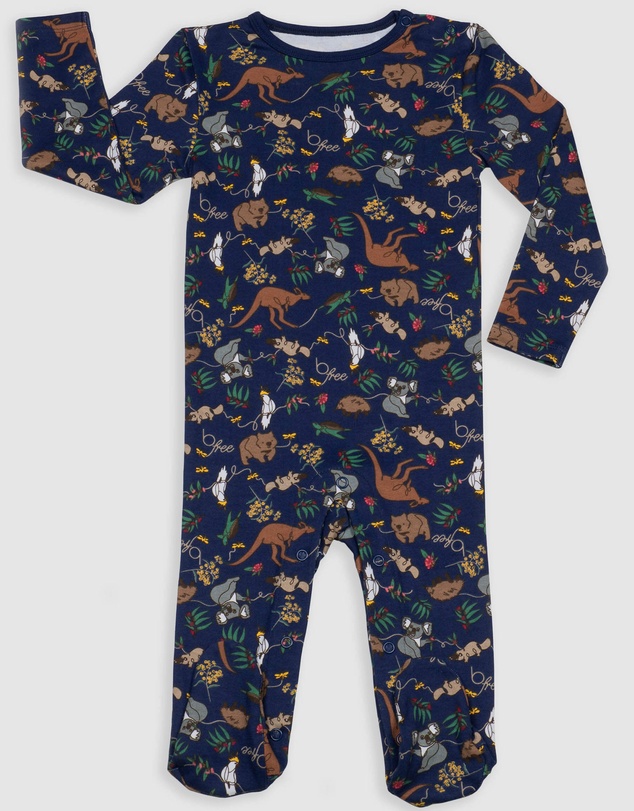 B Free Intimate Apparel - Baby Snap Button Sleepsuit with Booties - 100% Organic Cotton - Navy Native Aussie Animals