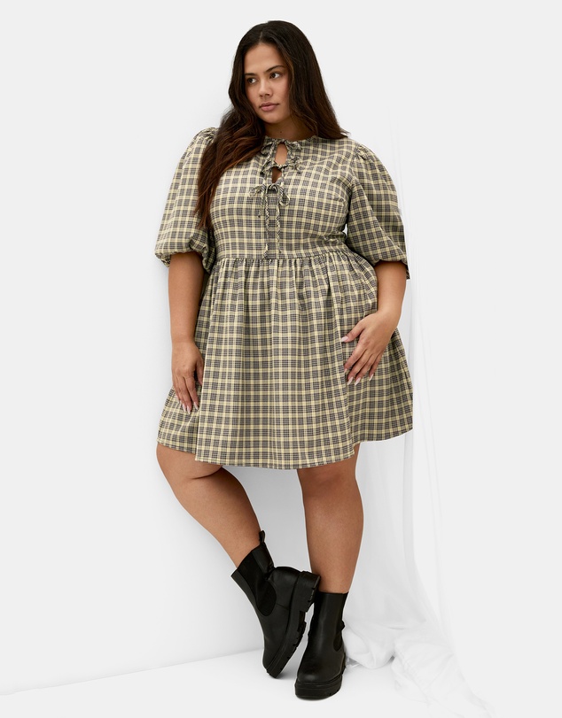 City Chic - Plus size Check Tie Mini Dress - butter