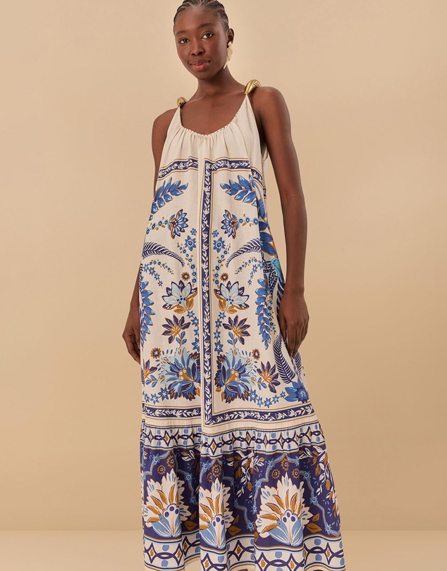 Farm Rio - Ana Tapestry Off-White Fish Straps Maxi Dress