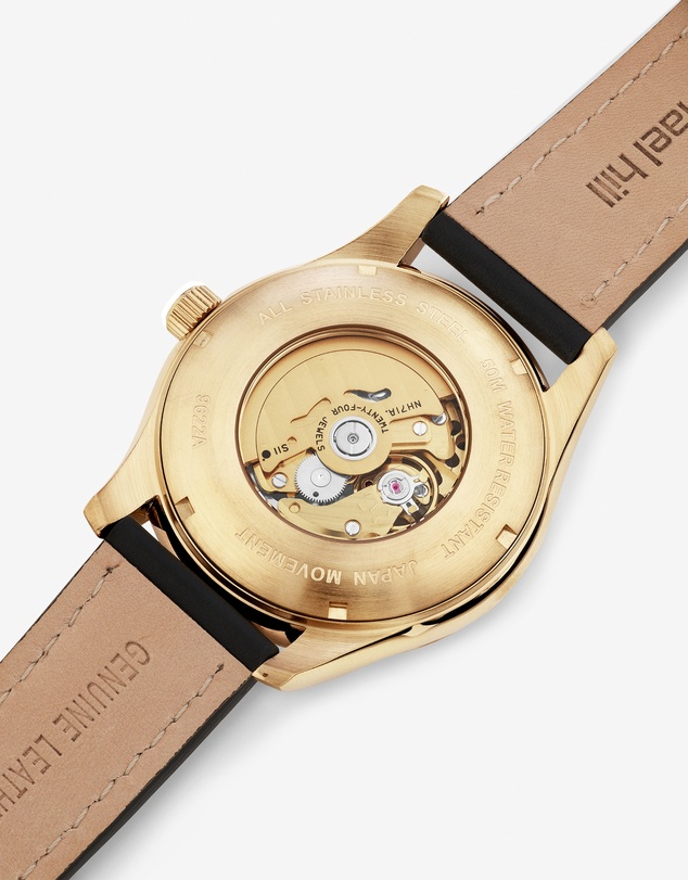 Michael Hill - Michael Hill Automatic Skeleton Watch In Gold Tone Stainless Steel And Leather