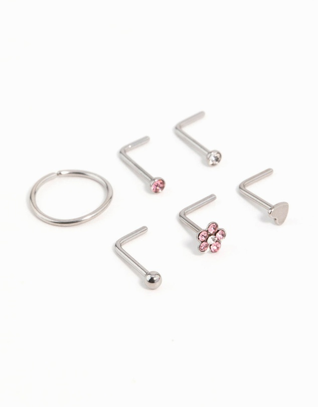 Lovisa - Surgical Steel Cubic Zirconia Flower & Heart Nose Piercing 6-Pack