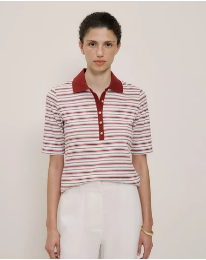 Trenery - Half Placket Stripe Polo in Russet