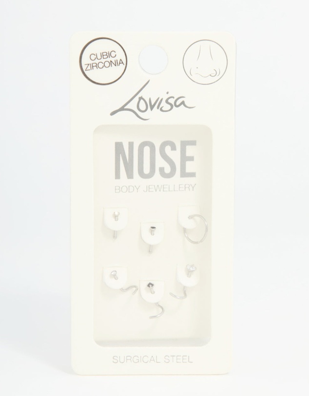 Lovisa - Surgical Steel Black Cubic Zirconia Nose Ring & Stud 6-Pack