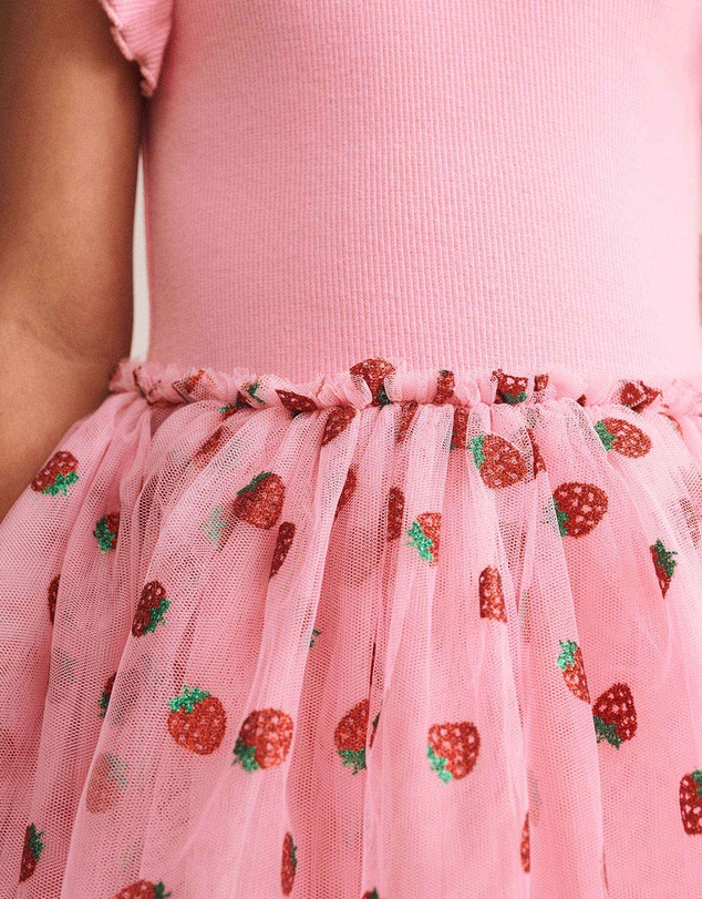 Huxbaby - Strawberry Embroidered Short Sleeve Tulle Dress - Babies-Teens