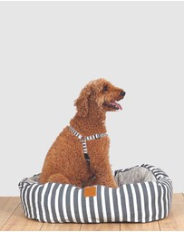 Mog & Bone - 4 Seasons Reversible Circular Dog Bed - Charcoal Hamptons Stripe Print