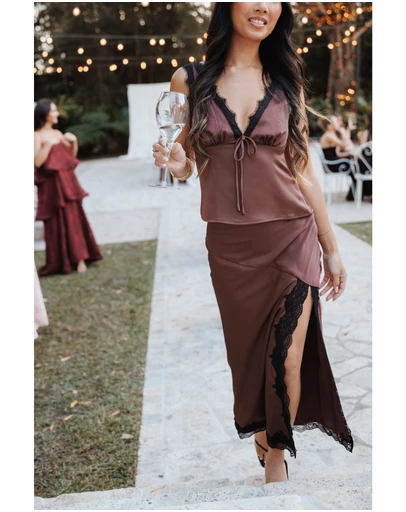 Petal & Pup - Theoni Slit Front Lace Trim Skirt - Brown