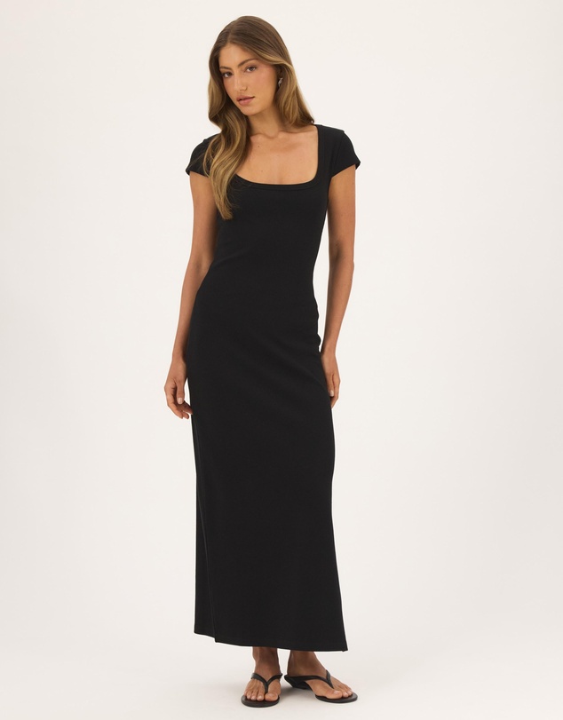 Atmos&Here - Elsie Organic Cotton Rib Square Neck Cap Sleeve Midi Dress