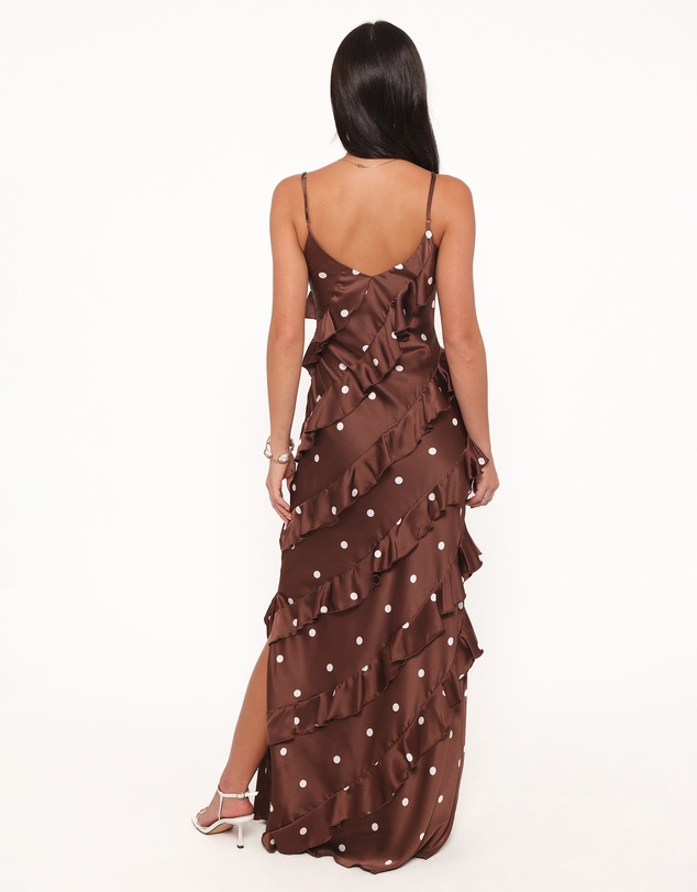 Petal & Pup - Ciao Ruffles Maxi Satin Dress - Brown Polka Dot