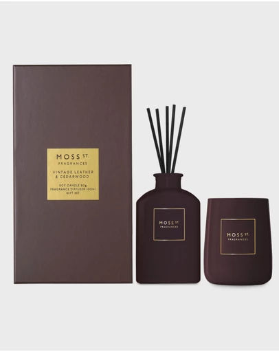 Moss St Fragrances - Vintage Leather & Cedarwood Mini Candle & Diffuser Gift Set