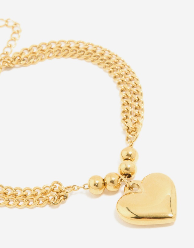 Lovisa - Waterproof Gold Plated Stainless Steel Heart Charm Double Row Bracelet