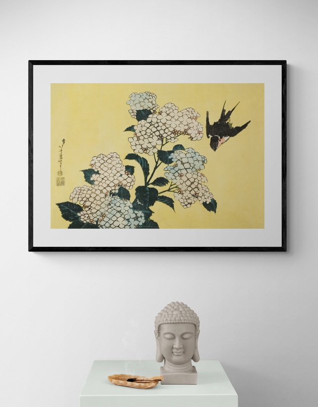 Inka Arthouse - Hydrangea & Swallow by Hokusai Art Print