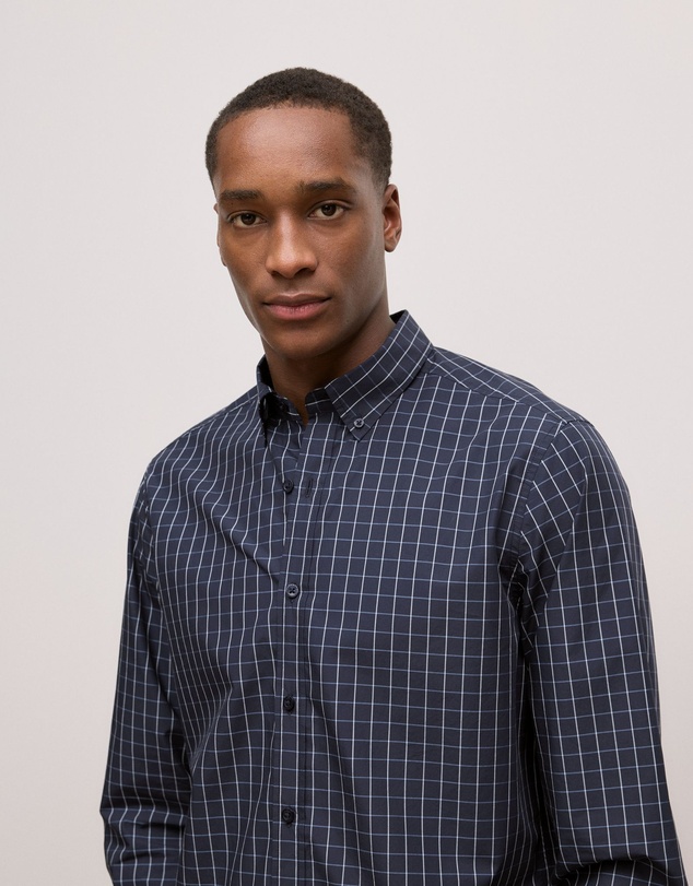 Trenery - Regular Fit Poplin Grid Long Sleeve Shirt in Navy