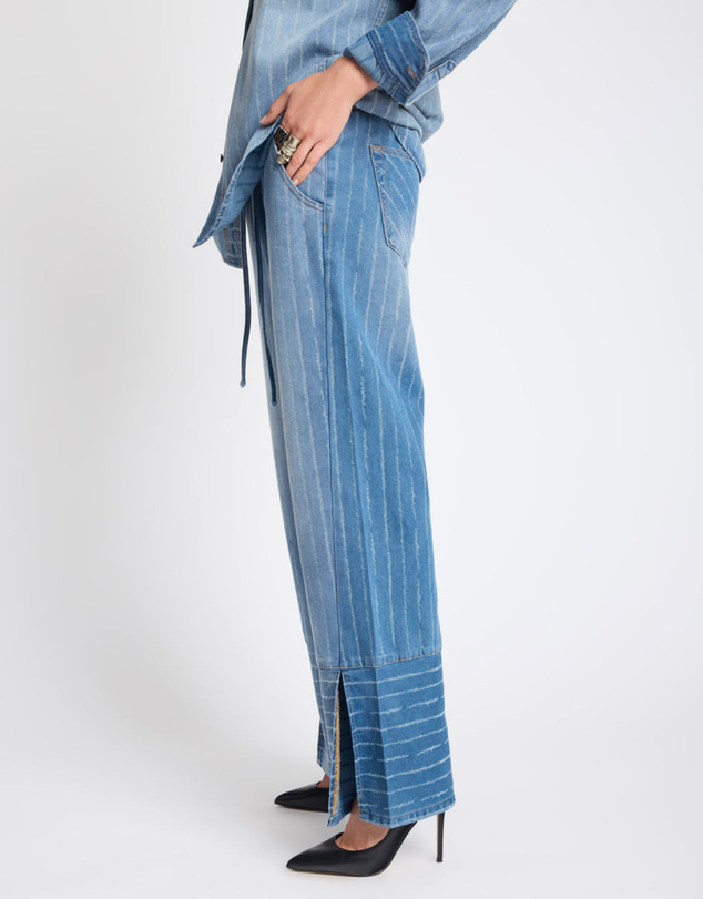 ONE TEASPOON - Roadhouse Mid Waist Wide Leg Drawstring Denim Jeans - Blue Stripe