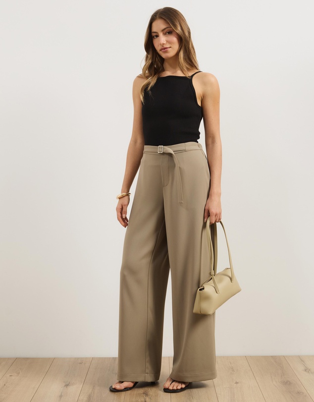 Atmos&Here - Nell Mid Rise Wide Leg Pants With Fabric Belt