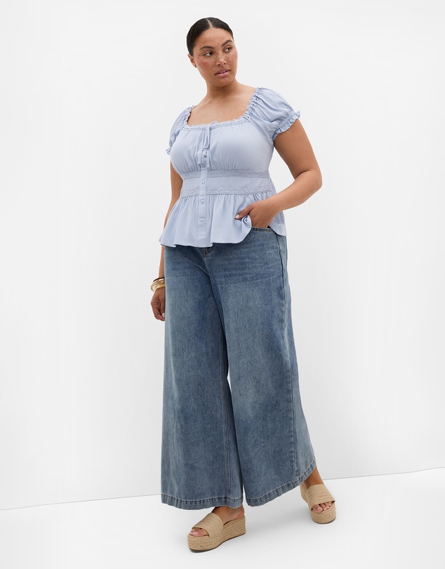 City Chic - Plus size Vintage Dreams Puff Sleeve Top - dusty blue