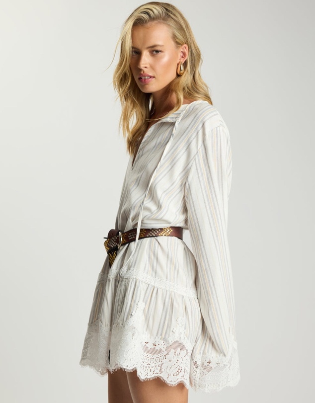 ONE TEASPOON - Moonlight Prairie Lace Longsleeve Mini Dress - White Stripe