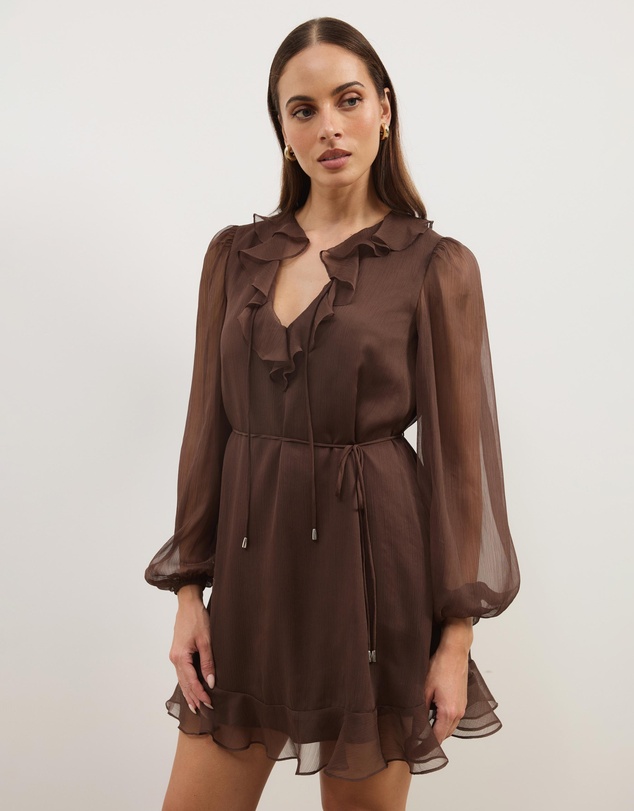 Atmos&Here - Stella Lightweight Crinkle Georgette V Neck Long Sleeve Mini Dress With Frill Detail