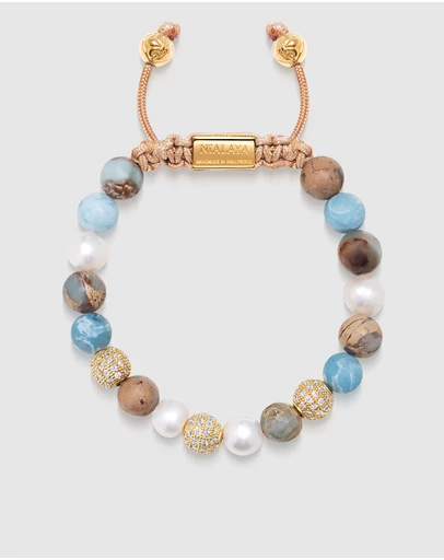 Nialaya Jewellery - Women's Beaded Bracelet with Pearl, Larimar, Opal and Gold