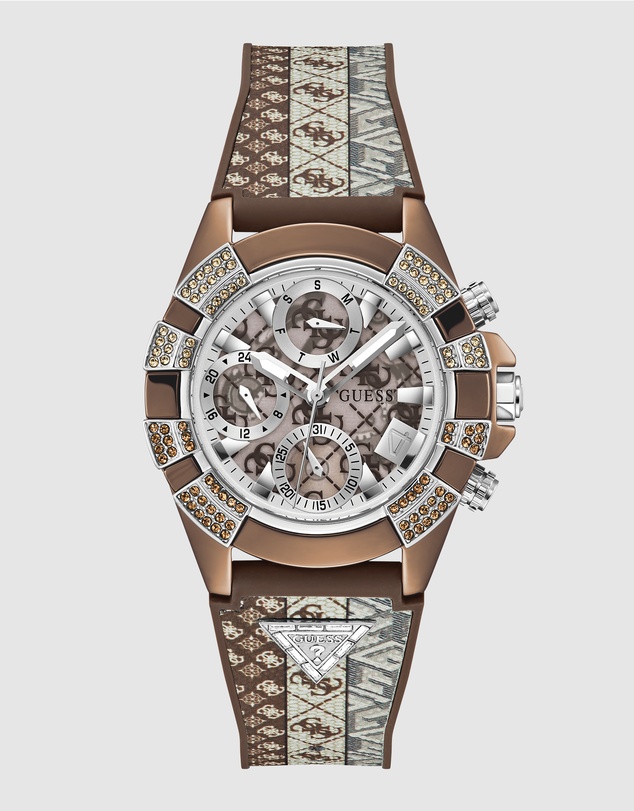 GUESS - ICONIC 40TH Logo 39mm Silver-Tone Case Brown Silicone Strap