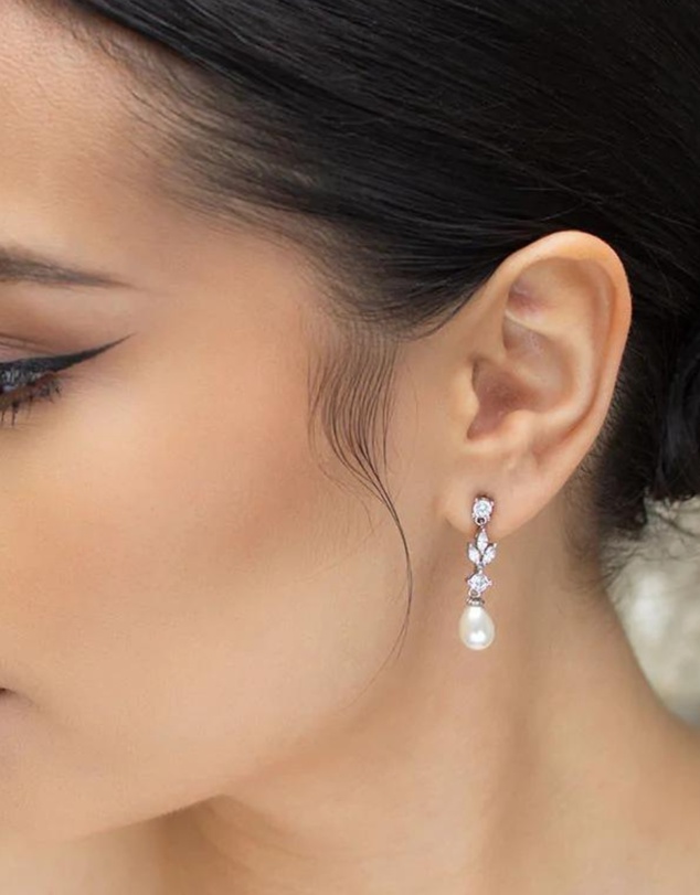 The White Collection - Hazel - Silver Pearl Bridal Drop Earrings