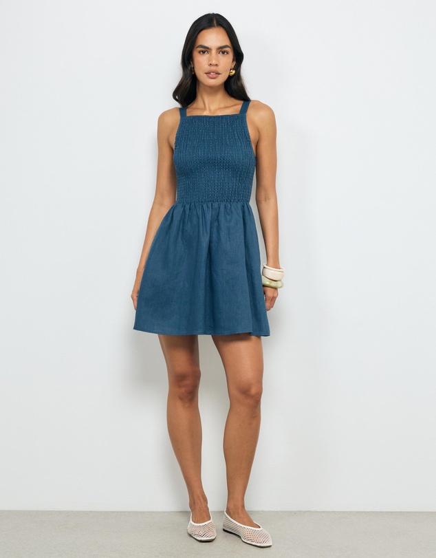 AERE - Mia Shirred Linen Mini Dress