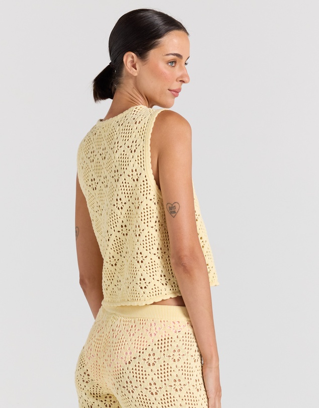 Poolside Paradiso - Messina Crochet V Knit Button Up Top - Lemon