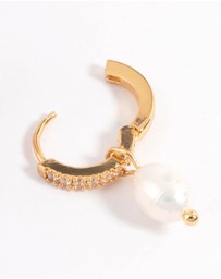 Lovisa - Waterproof Gold Plated Stainless Steel Diamante Freshwater Pearl Drop Huggie Earrings