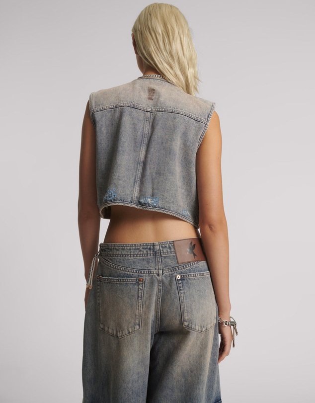 ONE TEASPOON - Cropped Denim Utility Vest - Island Blue