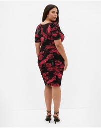 City Chic - Plus size Bustier Rose Print Ruched Dress - black
