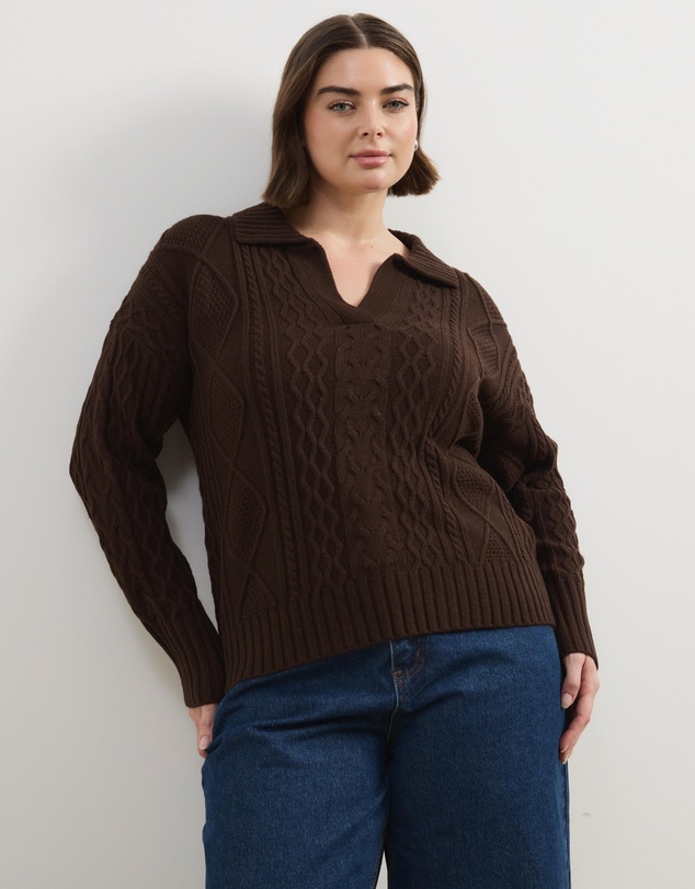 Atmos&Here Curvy - Faye Cable Knit Pullover With Collar
