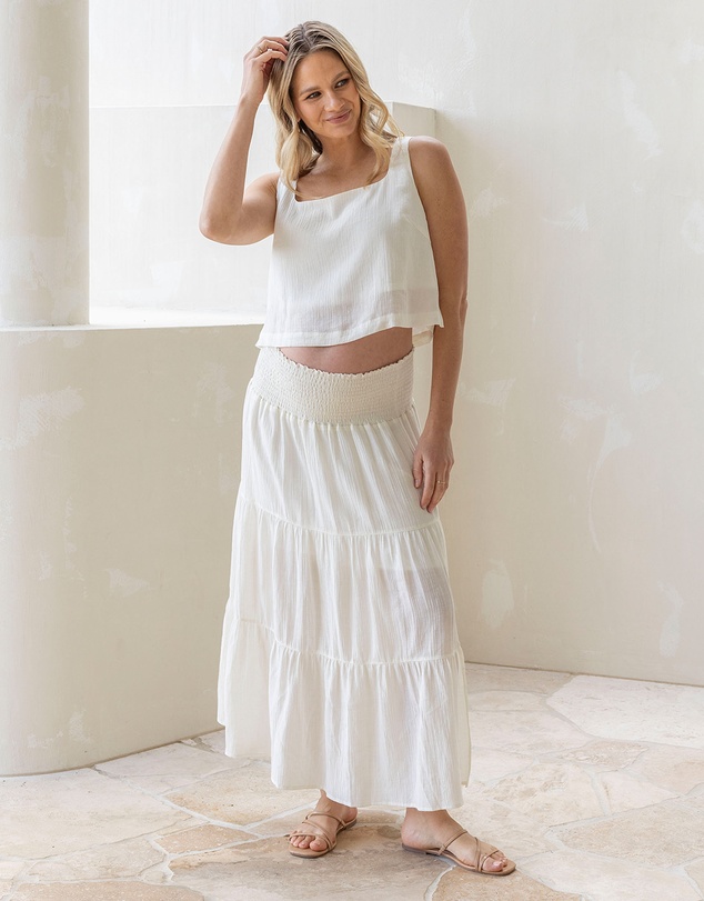 Angel Maternity - Ellie Maternity Shirred Maxi Skirt in White