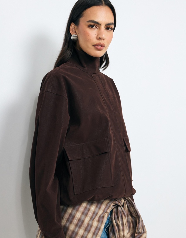 Revibe - Repaired AERE Ines Suede Look Funnel Neck Jacket - AU 6