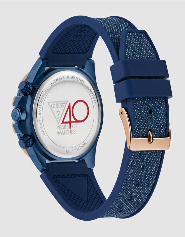 GUESS - ICONIC 40TH Denim 39mm Rose Gold-Tone Case Blue Silicone Strap